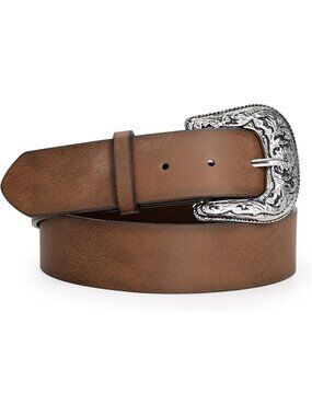 Unisex Coffee Leather Belt Vintage Western Cowboy Belt Engraved Buckle Belt